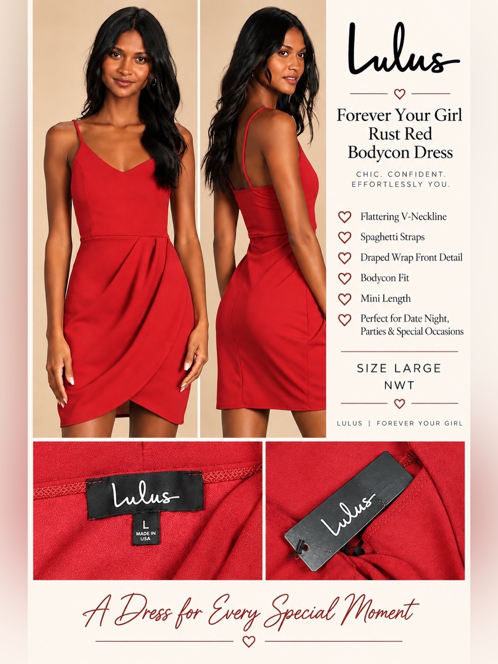 Lulus Forever Your Girl Rust Red Bodycon Wrap Mini Dress Size L NWT